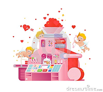 Vector cupids workplace on love gift factory. Vector Illustration