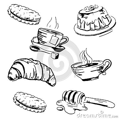 Vector cups of coffee and tea, cookies, croissant and cake. Vector Illustration