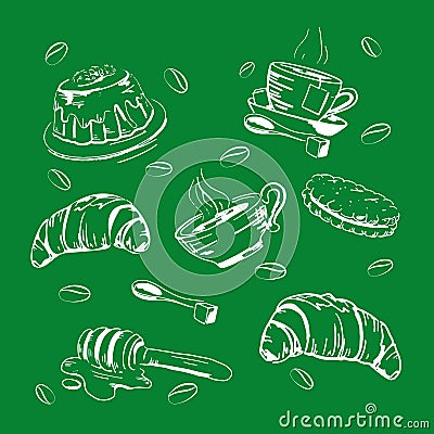 Vector cups of coffee and tea, cookies, croissant and cake. Vector Illustration