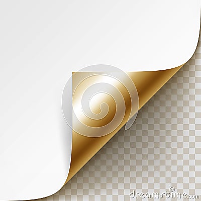 Vector Curled Golden Corner of White Paper with Shadow Mock up Close up on Background Vector Illustration