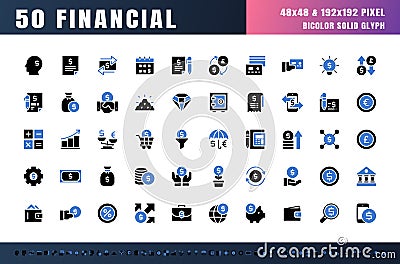 Vector of 50 Currency FInancial Balck and Blue Solid Glyph Icon Set. 48x48 Pixel Perfect Vector Illustration