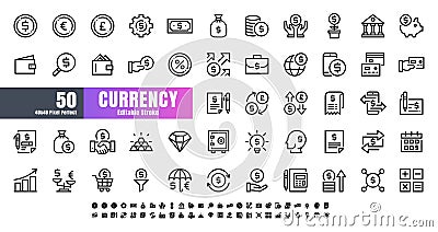 Vector of 50 Currency FInancial Line Outline Icon Set. 48x48 Pixel Perfect Editable Stroke Vector Illustration