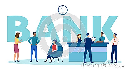 Vector of customers waiting in queue at a bank branch to be assisted by financial officer Vector Illustration