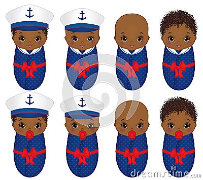 Vector Cute African American Babies Dressed in Nautical Style Vector Illustration