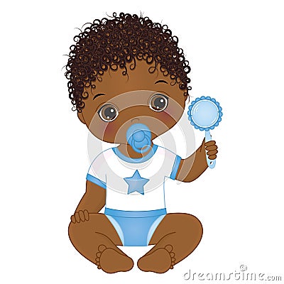 Vector Cute African American Baby Boy with Rattle. Vector Baby Boy Shower Vector Illustration