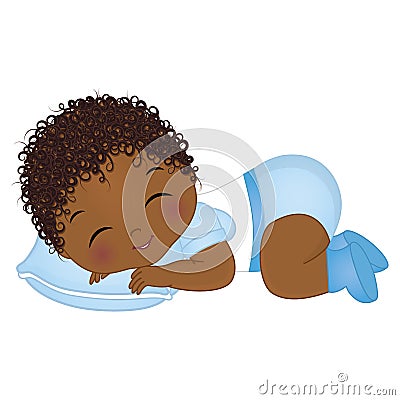 Vector Cute African American Baby Boy Sleeping. Vector Baby Boy Shower Vector Illustration