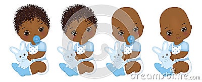 Vector Cute African American Baby Boys with Bunnies. Vector Baby Boy Shower Vector Illustration