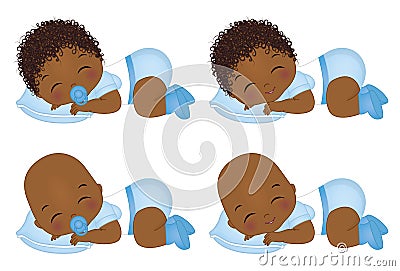 Vector Cute African American baby Boys Sleeping. Vector Baby Boy Shower Vector Illustration