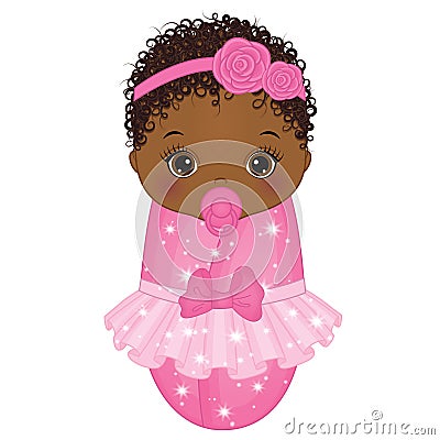 Vector Cute African American Baby Girl Dressed as Princess Vector Illustration
