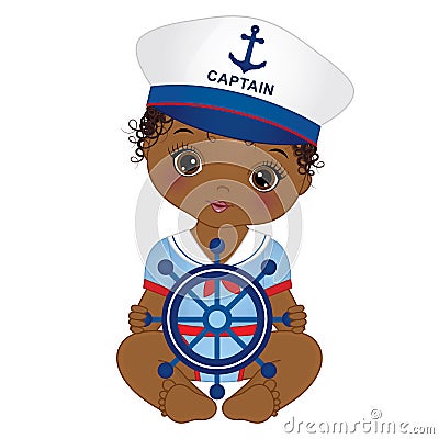 Vector Cute African American Baby Girl Dressed in Nautical Style Vector Illustration