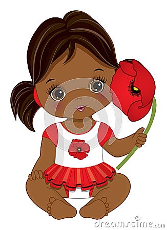 Vector Cute African American Baby Girl with Poppy Vector Illustration