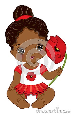 Vector Cute African American Baby Girl with Poppy Vector Illustration