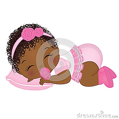 Vector Cute African American Baby Girl Sleeping Vector Illustration