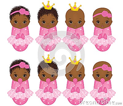 Vector Cute African American Baby Girls Dressed as Princesses Vector Illustration