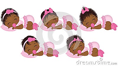 Vector Cute African American Baby Girls with Various Hairstyles Vector Illustration