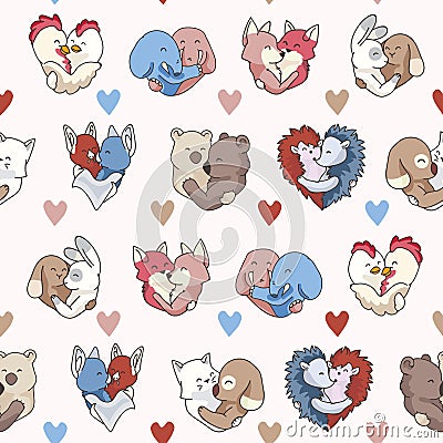 Vector cute animal hug hearts. Seamless repeat pattern. Vector Illustration