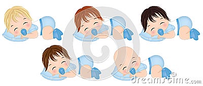 Vector Cute Baby Boys Sleeping. Vector Baby Boy Shower Vector Illustration