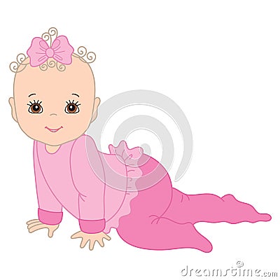 Vector Cute Baby Girl Crawling Vector Illustration