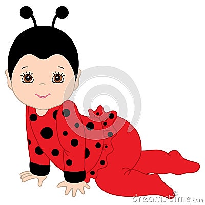 Vector Cute Baby Girl in Ladybug Costume Crawling. Vector Illustration