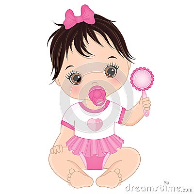 Vector Cute Baby Girl with Rattle Vector Illustration