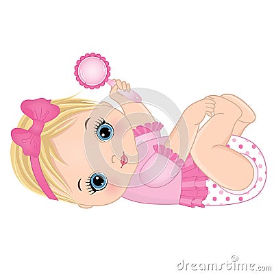 Vector Cute Baby Girl with Rattle Vector Illustration