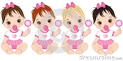 Vector Cute Baby Girls with Rattles and Various Hair Colors Vector Illustration