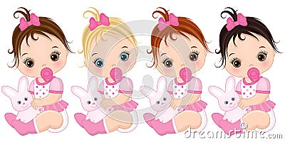 Vector Cute Baby Girls with Various Hair Colors Vector Illustration