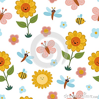 Vector cute baby seamless pattern with sunflower, butterfly, bee, sun. Funny repeating background with adorable kawaii characters Vector Illustration
