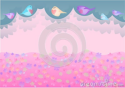 Vector cute background with birds and flowering meadow Vector Illustration