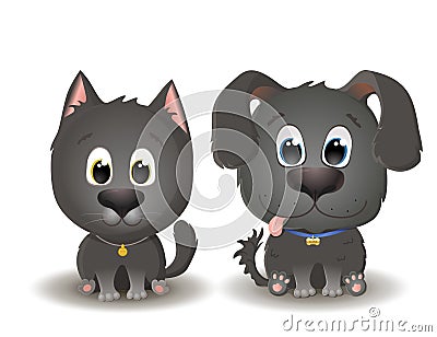 Vector cute black dog and cat with big eyes in cartoon style. Little kitten and Puppy sits and smiles. Flat illustration Vector Illustration