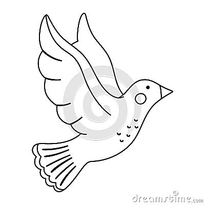 Vector cute black and white flying dove with spread wings isolated on white background. Romantic outline bird illustration. Love Vector Illustration