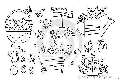 Vector cute black and white garden and Easter icons pack. Wheel barrow, watering can, eggs, first flowers and plants coloring page Vector Illustration