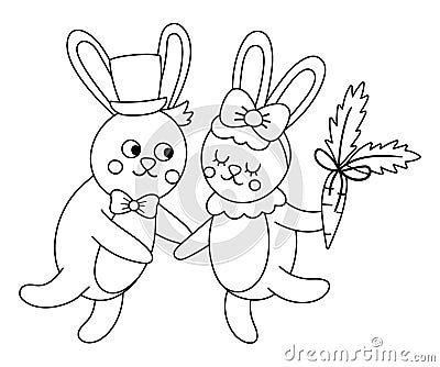 Vector cute black and white rabbits pair. Loving animal couple illustration. Love relationship or family concept. Hugging hares Vector Illustration