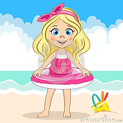 Vector cute blonde girl in pink swimsuit holding swiming ring on the sea background and bucket at the sand Vector Illustration