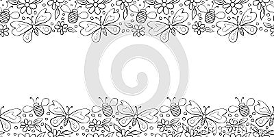 Vector cute border, frame of butterflies, honey bees and flowers. Horizontal top and bottom edging, decoration Vector Illustration