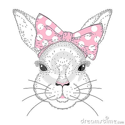 Vector cute bunny portrait. Hand drawn rabbit girl face Vector Illustration