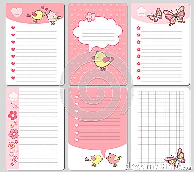 Vector cute cards. Notes, stickers, labels, tags with funny bird and hearts. Design for craft paper, scrapbook, template and greet Vector Illustration