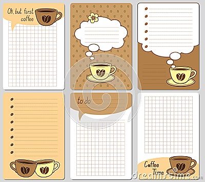 Vector cute cards. Notes, stickers, labels, tags with funny cups and hearts. Design for craft paper, scrapbook, template and greet Vector Illustration