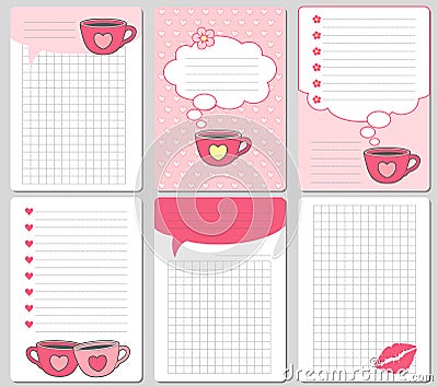 Vector cute cards. Notes, stickers, labels, tags with funny cups and hearts. Design for craft paper, scrapbook, template and greet Vector Illustration