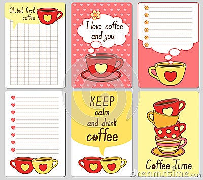 Vector cute cards. Notes, stickers, labels, tags with funny cups and hearts. Design for craft paper, scrapbook, template and greet Vector Illustration