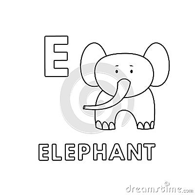 Vector Cute Cartoon Animals Alphabet. Elephant Coloring Pages Vector Illustration