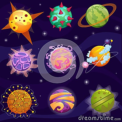 Vector Cute cartoon fantasy fantastic planets set on galaxy stars background. Vector Illustration