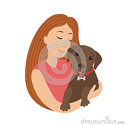 Vector cute cartoon smiling girl hug a puppy labrador, woman hold in embrace her dog lovely pet illustration Vector Illustration