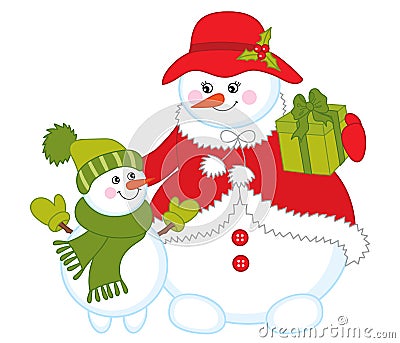 Cute Family of Christmas Snowmen with Gift Box. Vector Happy Xmas Snowmen Vector Illustration