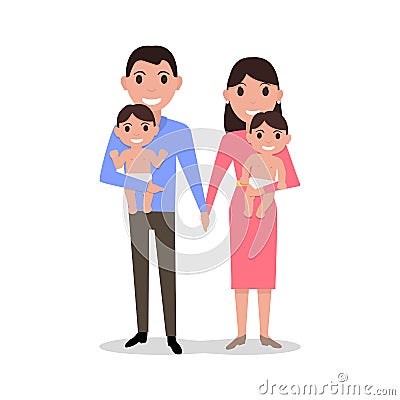 Vector cute cartoon young parents with twins Vector Illustration