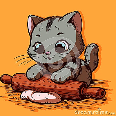 Vector of a cute cat baking and cooking biscuits. Drawing of an anthropomorphic animal kneading the dough Vector Illustration