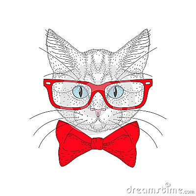 Vector cute cat portrait with hipster glasses. Hand drawn kitty Vector Illustration