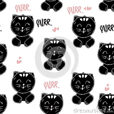 Vector cute cat unicorn and elements seamless pattern, black and white, isolated on white.cat blows out the candle on Vector Illustration