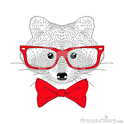 Vector cute cheerful fashion raccoon portrait. Hand drawn hipster anthropomorphic animal head with red bow tie, glasses. Vector Illustration