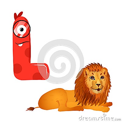 Vector Cute Childish Cartoon English Alphabet. Letter L With Lion. The Letter Like Little Monster. Flat style. Vector Vector Illustration